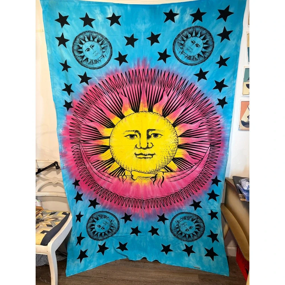 Gypsy Rose Celestial Sun Moon Stars Cotton Tie Dye Wall Hanging Hippie Festival